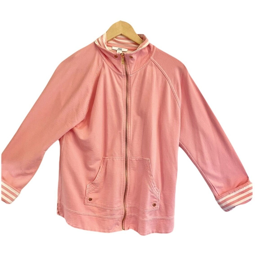 Anne Klein Sport Sweatshirt Jacket Women's XL Pink & White goldtone full zip